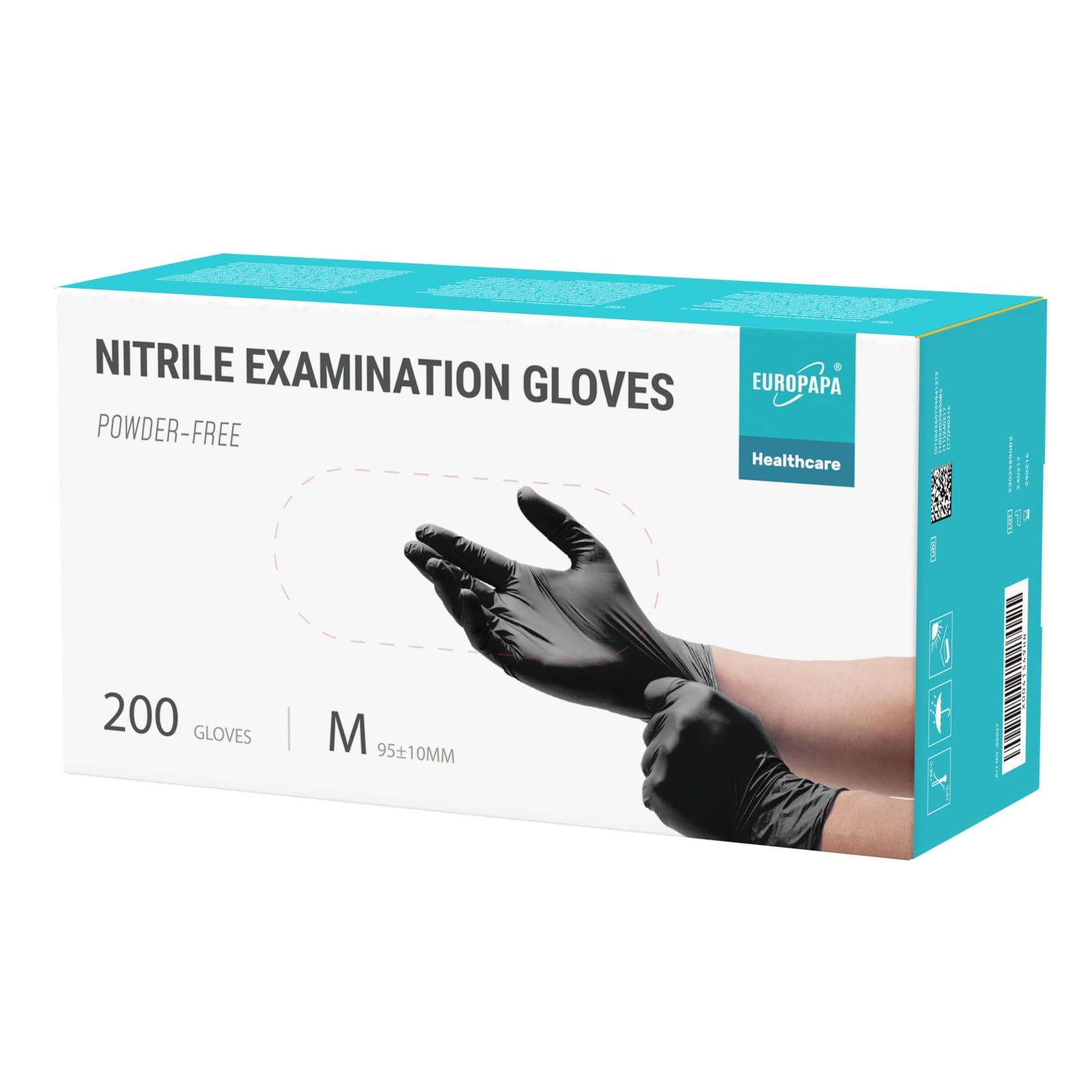 Europapa Premium Black Nitrile Examination Gloves – 200 Count, Powder & Latex Free, Textured Fingertips
