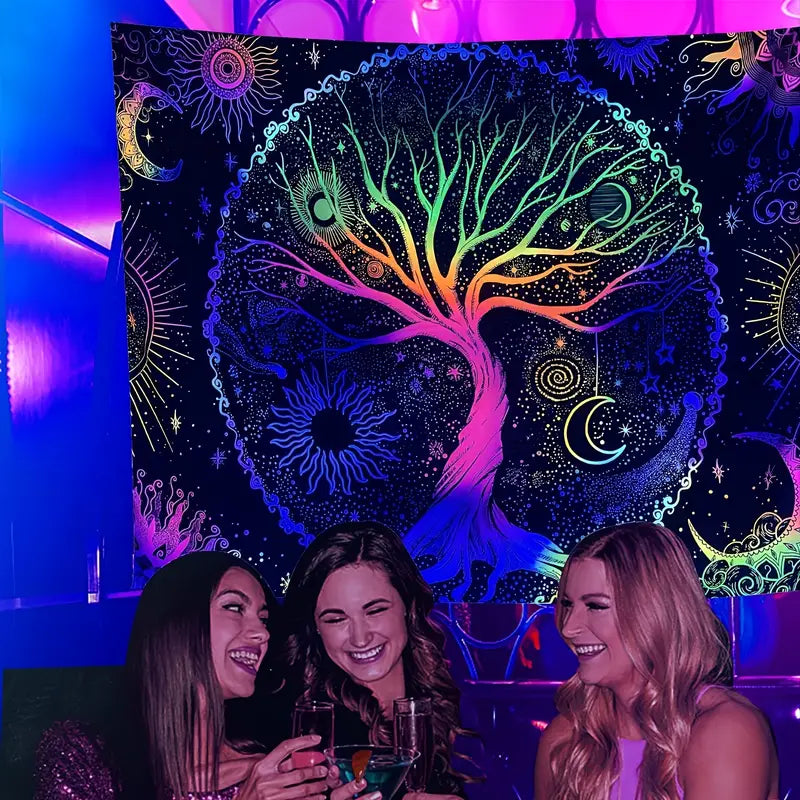 UV Glow Tree of Life Tapestry - Fluorescent Psychedelic Wall Art