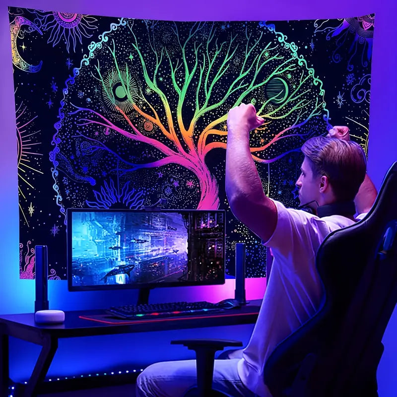 UV Glow Tree of Life Tapestry - Fluorescent Psychedelic Wall Art