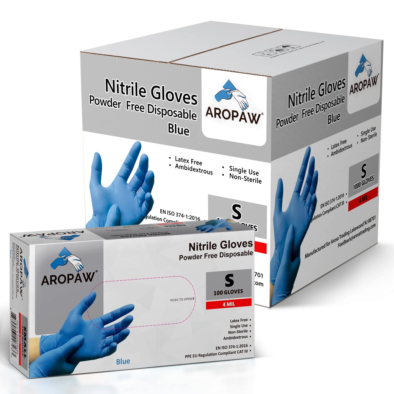 AroPaw 4 mil Blue Nitrile Gloves Bulk Case – Powder & Latex Free, High Dexterity (1000 Count / 10 Boxes)