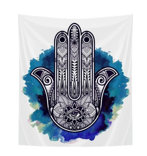 Bohemian Hamsa Hand Wall Tapestry – Blue Watercolor Mandala Art (150cm x 130cm)