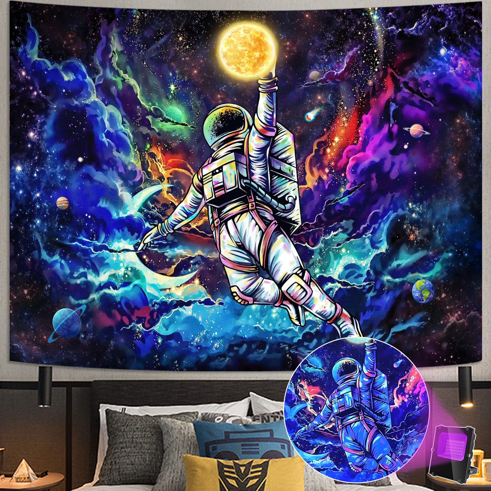 Blacklight Astronaut Galaxy Tapestry - UV Reactive Space Wall Art