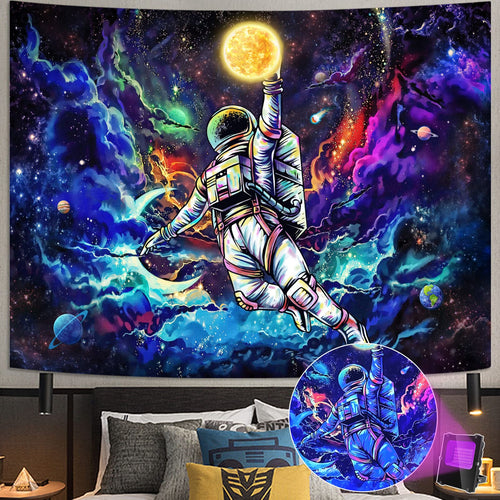 Blacklight Astronaut Galaxy Tapestry - UV Reactive Space Wall Art