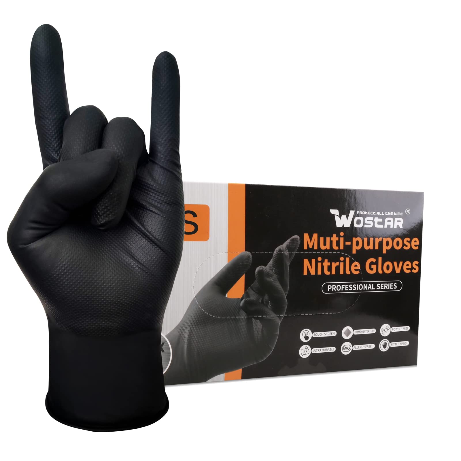Wostar 8mil Heavy-Duty Black Nitrile Gloves – Diamond Textured, Powder & Latex Free (100 Count)