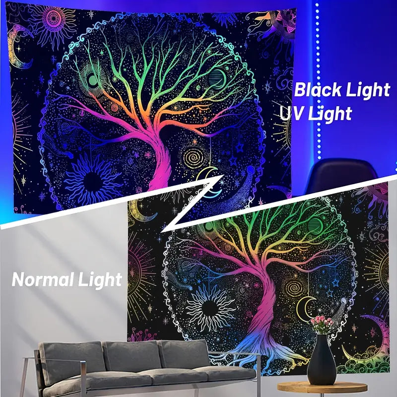 UV Glow Tree of Life Tapestry - Fluorescent Psychedelic Wall Art