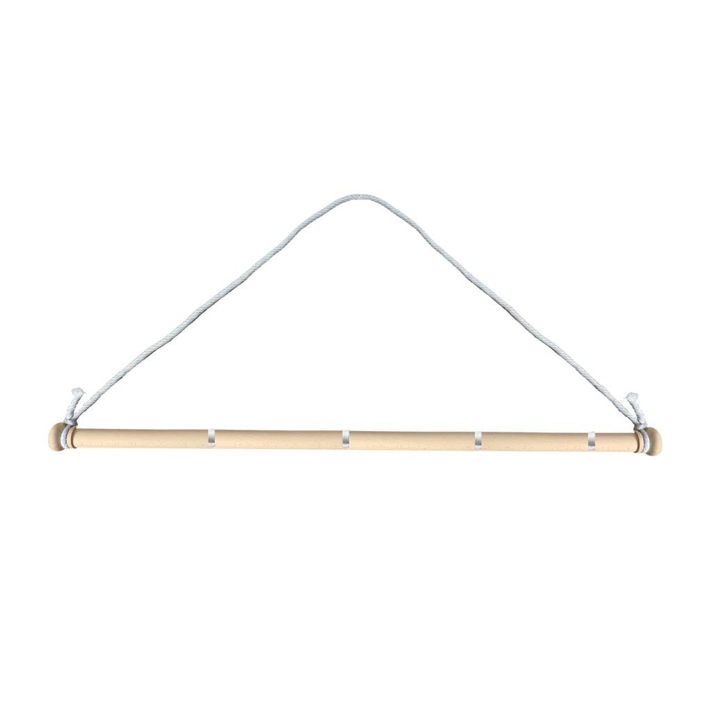 Natural solid wood telescopic tapestry hanger with adjustable rod, white hanging rope, and four silver mounting clips on a white background 