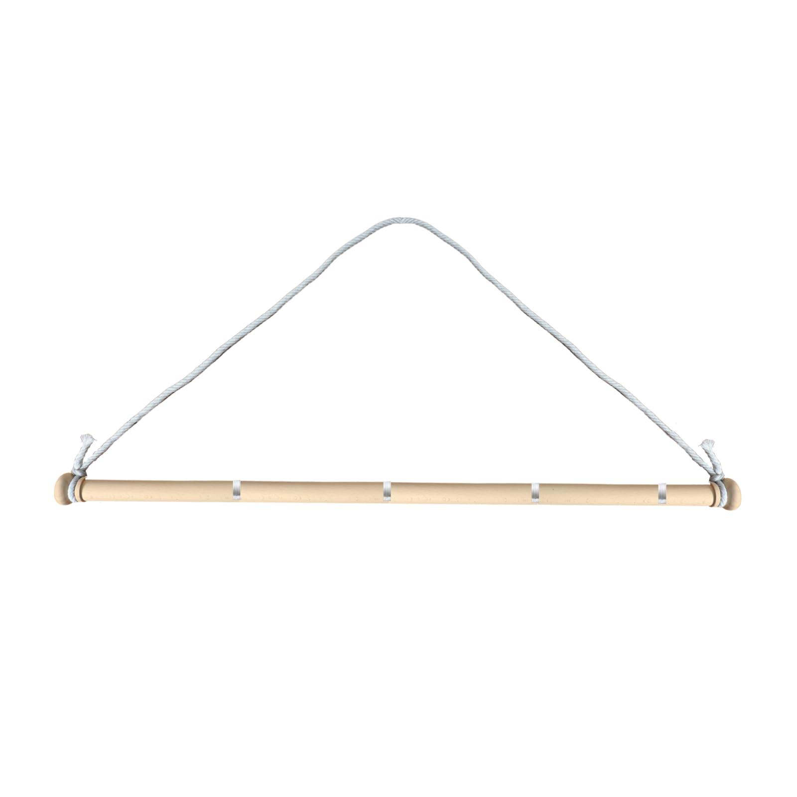 Natural solid wood telescopic tapestry hanger with adjustable rod, white hanging rope, and four silver mounting clips on a white background 