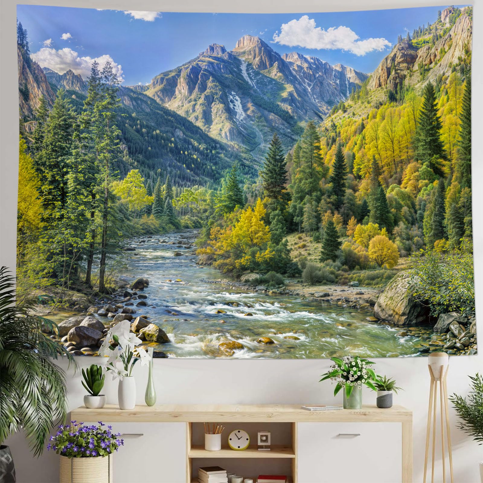 Kanuyee Mountain River Tapestry – Nature Landscape Wall Hanging for Bedroom & Living Room (200cm x 150cm)
