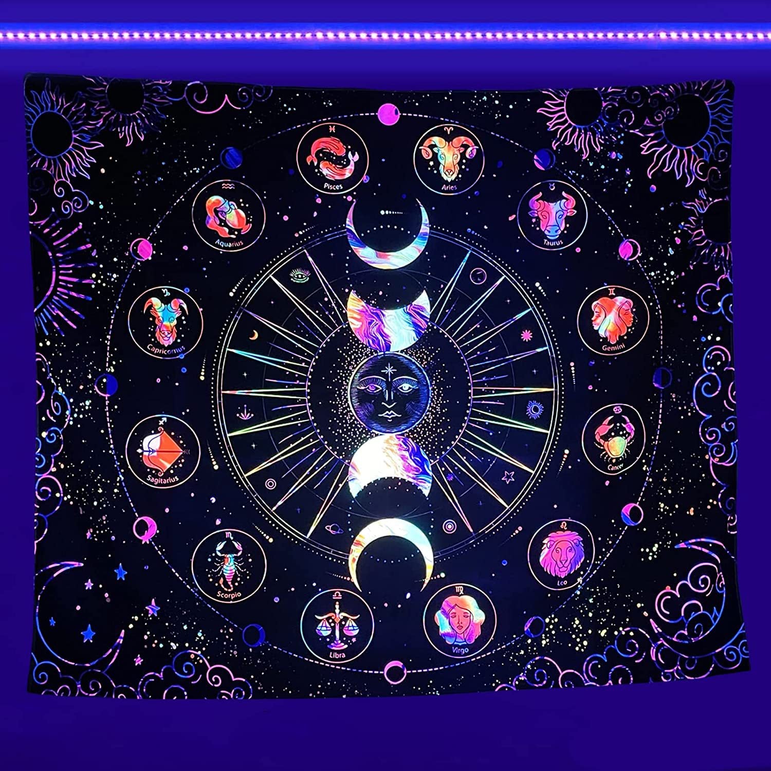 UV Glow Zodiac Skull Tapestry - Psychedelic Blacklight Wall Art