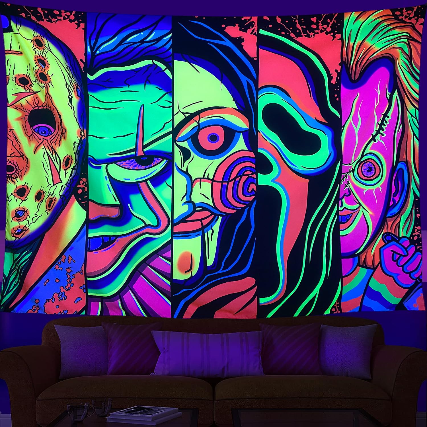 UV reactive blacklight tapestry featuring a colorful trippy horror face collage glowing neon in a dark bedroom.