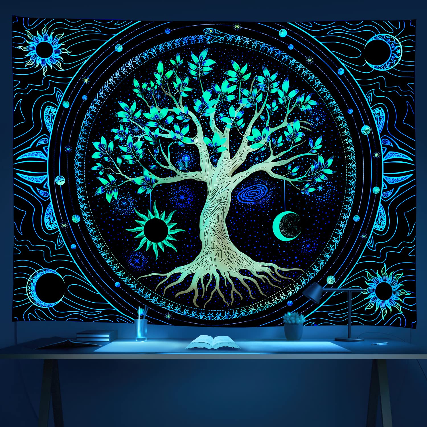 Transform your room with the UV Reactive Tree of Life Tapestry. Featuring a glowing sun, moon, and galaxy design. Perfect for trippy forest-themed bedroom decor.
