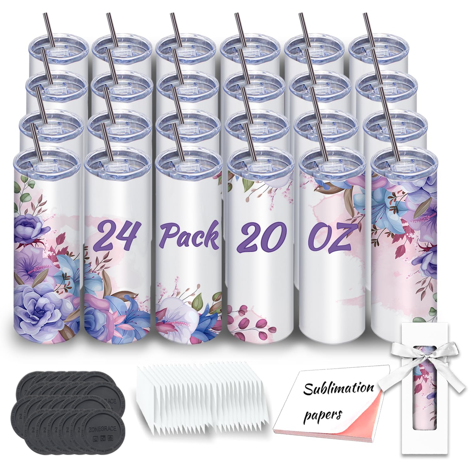 Sublimation Tumblers – 24 Pack | 20oz Skinny Straight Stainless Steel Blank Cups