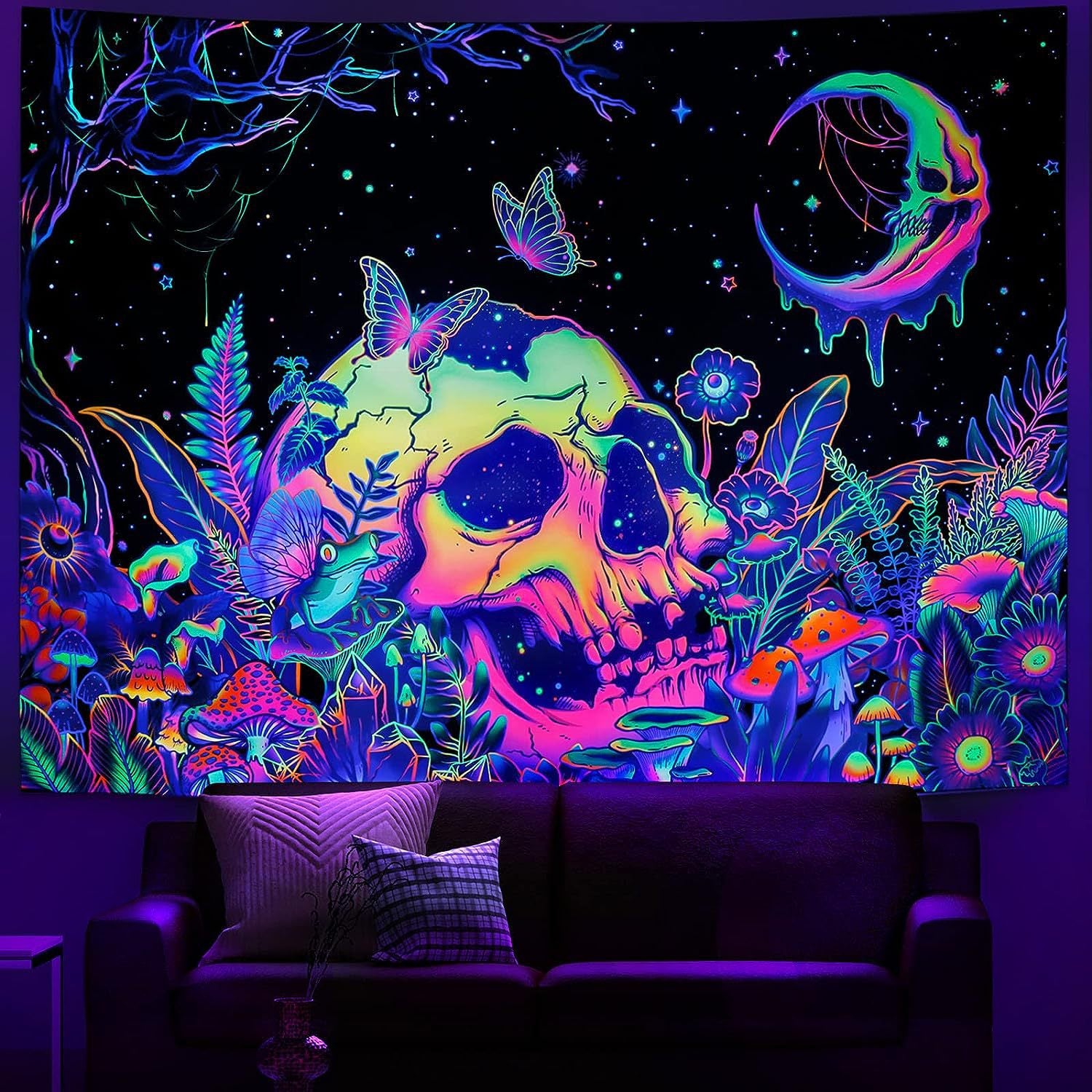 UV Glow Zodiac Skull Tapestry - Psychedelic Blacklight Wall Art