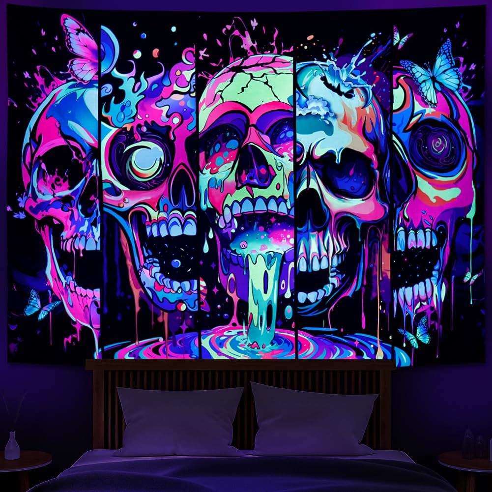 Heopapin Blacklight Skull Art Tapestry – UV Reactive Neon Skeleton & Butterfly Wall Decor (198cm x 150cm)