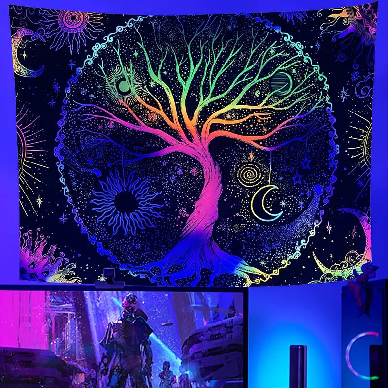 UV Glow Tree of Life Tapestry - Fluorescent Psychedelic Wall Art