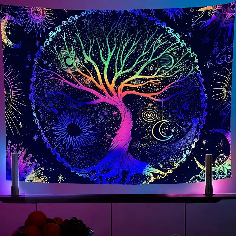 UV Glow Tree of Life Tapestry - Fluorescent Psychedelic Wall Art