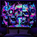 ​UV reactive blacklight skull tapestry with neon skeleton faces and butterflies, measuring 198cm x 150cm for trippy wall decor.