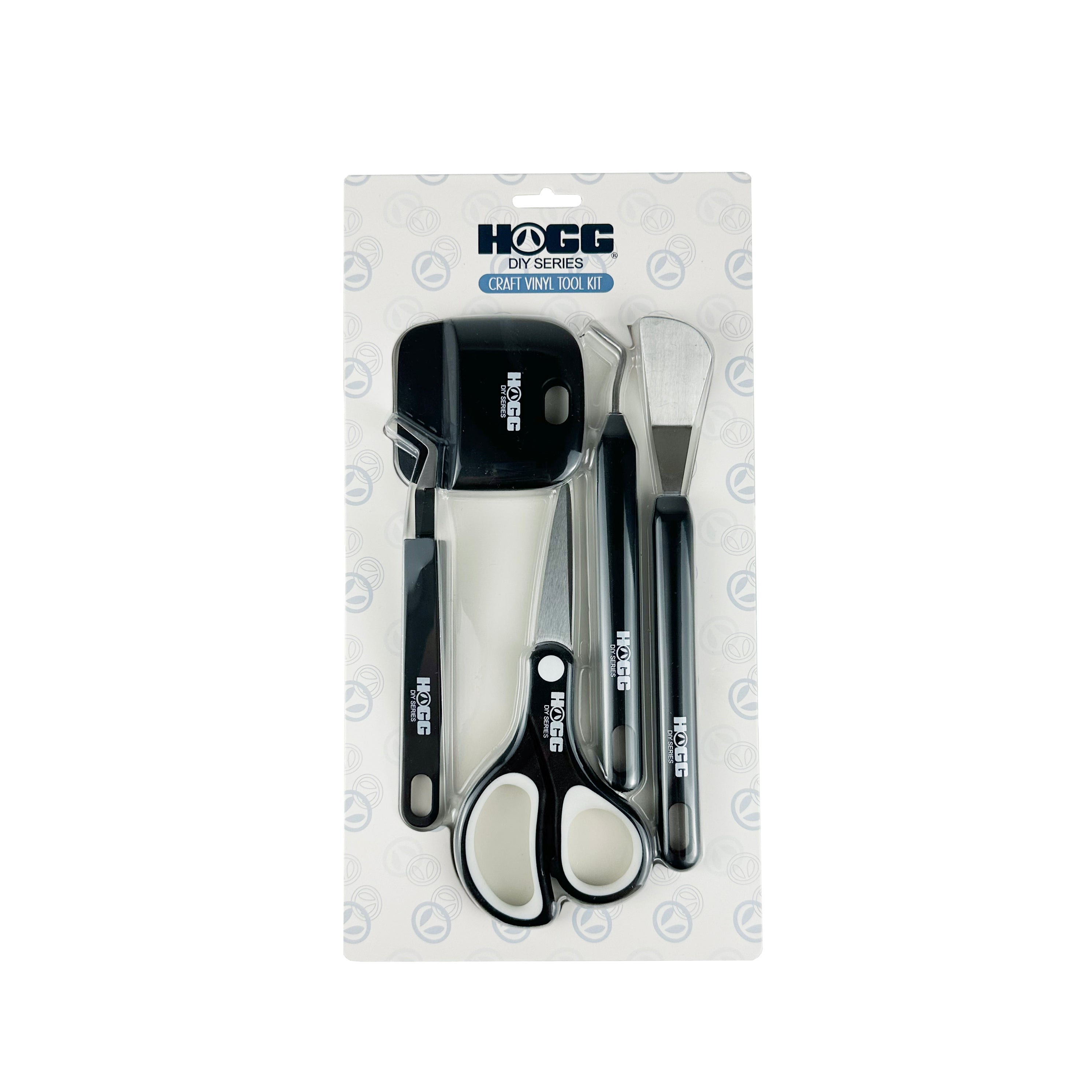 HOGG Professional Craft Vinyl Tool Kit featuring 5 pieces: hook weeder, angled tweezers, craft scissors, spatula, and scraper for vinyl weeding.
