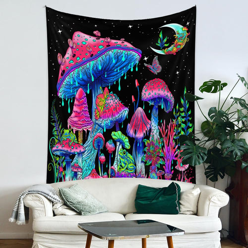 Shop the Jhdstore UV Reactive Mushroom Tapestry. A trippy neon galaxy and moon wall hanging (122cm x 91cm). Perfect for blacklight bedroom and dorm decor.