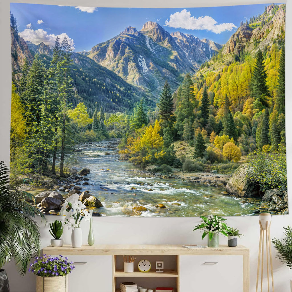Elevate your home with the Kanuyee Mountain River Tapestry. A large 200x150cm nature landscape wall hanging featuring a lush forest and scenic mountain river.