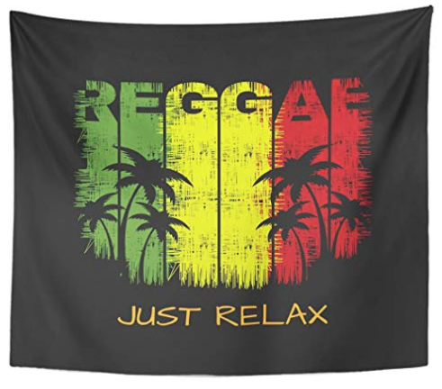 A vibrant rasta-colored wall tapestry with "REGGAE" text, palm tree silhouettes, and a "JUST RELAX" slogan over a red, yellow, and green distressed sunset background.