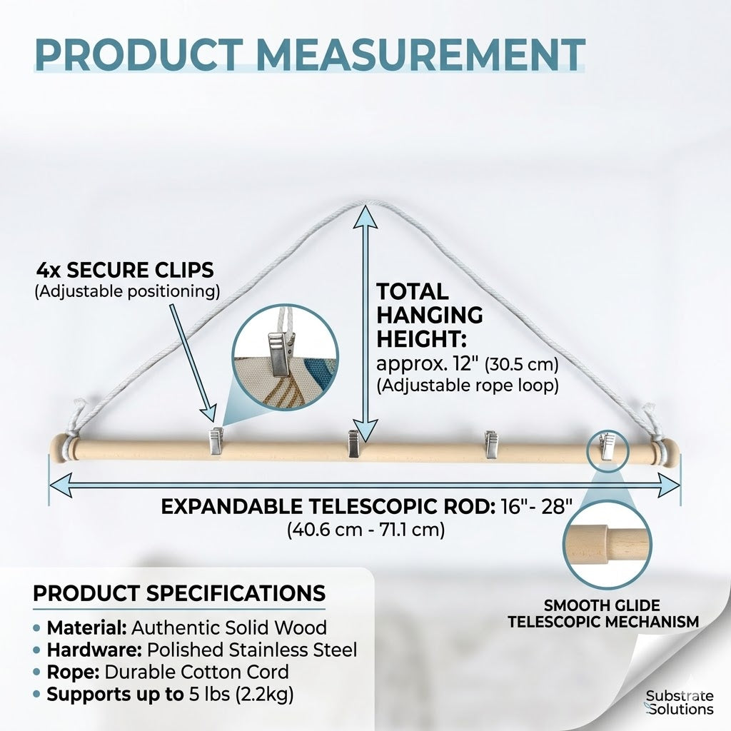 Adjustable Solid Wood Tapestry Hanger – Telescopic Hanging Rod for Rugs, Textile Art & Curtains (16" - 28")