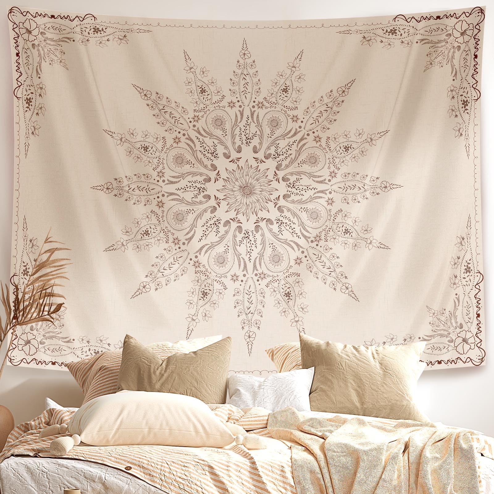 Detailed view of the hand-drawn floral mandala pattern on a high-quality fabric tapestry, showcasing the intricate symmetrical linework and soft flaxen beige tones.