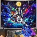 A vibrant UV-reactive tapestry featuring an astronaut dunking a glowing sun planet into a basketball hoop against a neon-colored nebula galaxy background.